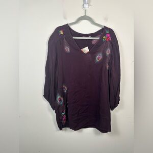 NWT Johnny Was Dark Purple Embroidered Blouse Size 1X Peacock